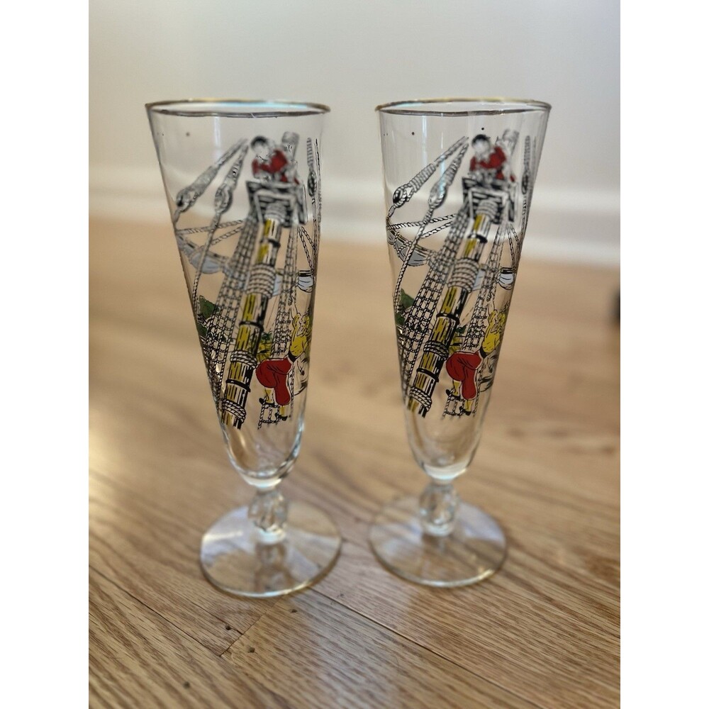 Vintage Libbey Treasure Island Pirate Ship Pilsner Beer Glasses 8 1/2" Set of 2